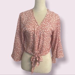 Pink Floral Blouse with Tie Waist and Bell Sleeves